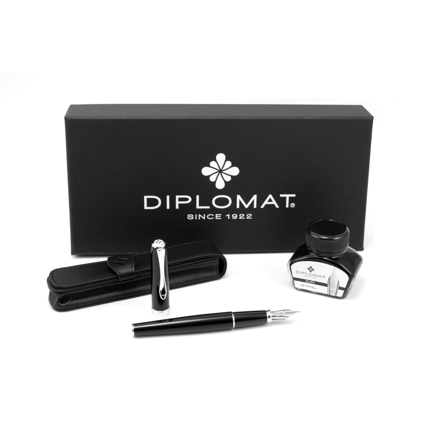 Diplomat Excellence A2 Fountain Pen, Ink Bottle & Pouch Gift Set - Black Lacquer / Chrome Trim