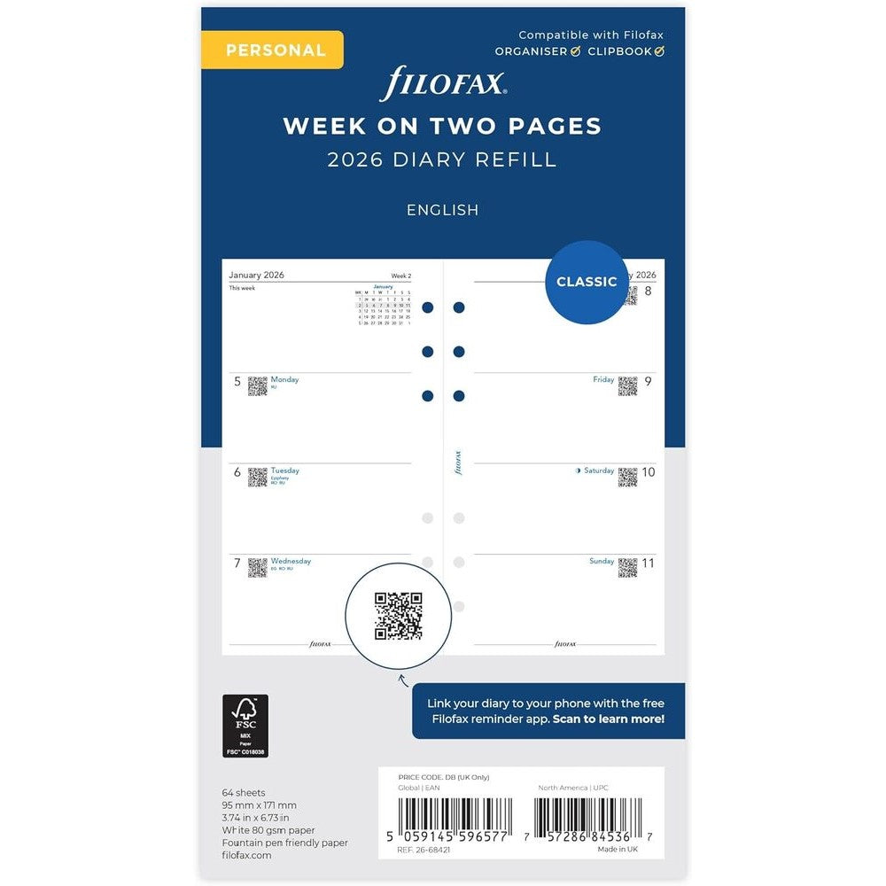 Filofax Refill 2026 Personal - Week To View (Monday Start)