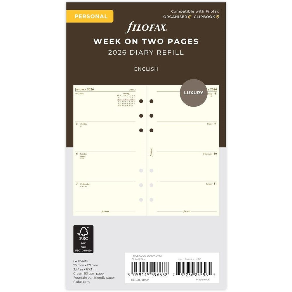 Filofax Refill 2026 Personal - Week To View (Cotton Cream)