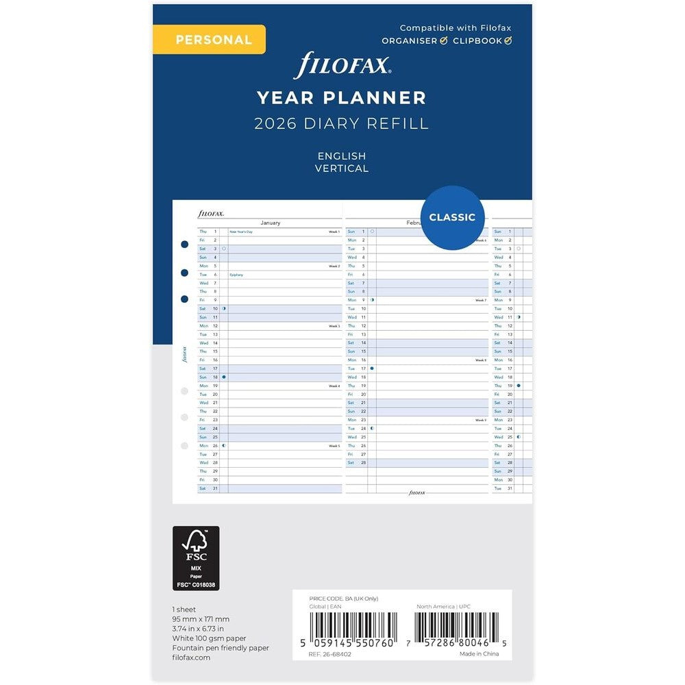 Filofax Refill 2026 Personal - Vertical Planner