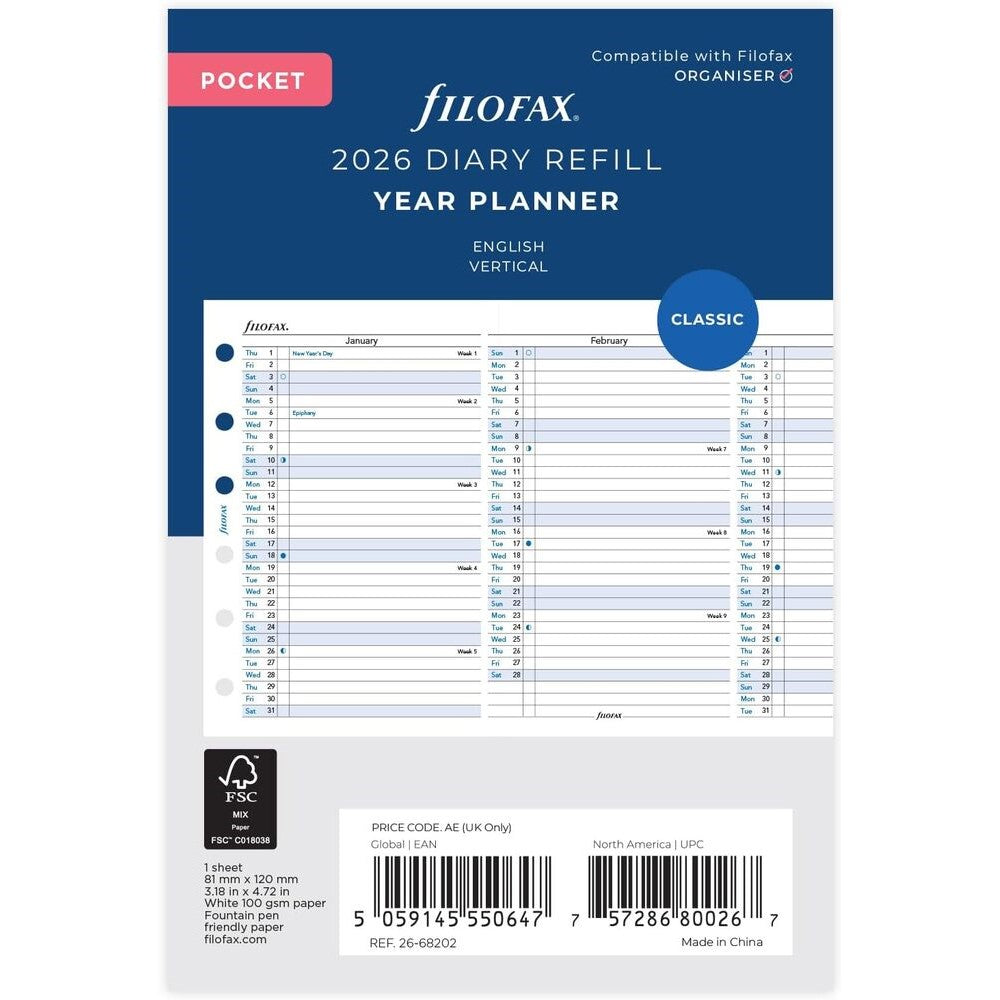 Filofax Refill 2026 Pocket - Vertical Planner