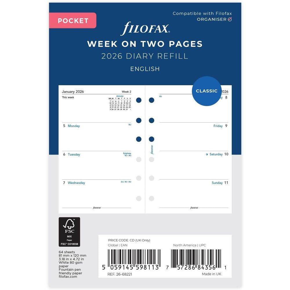 Filofax Refill 2026 Pocket - Week To View