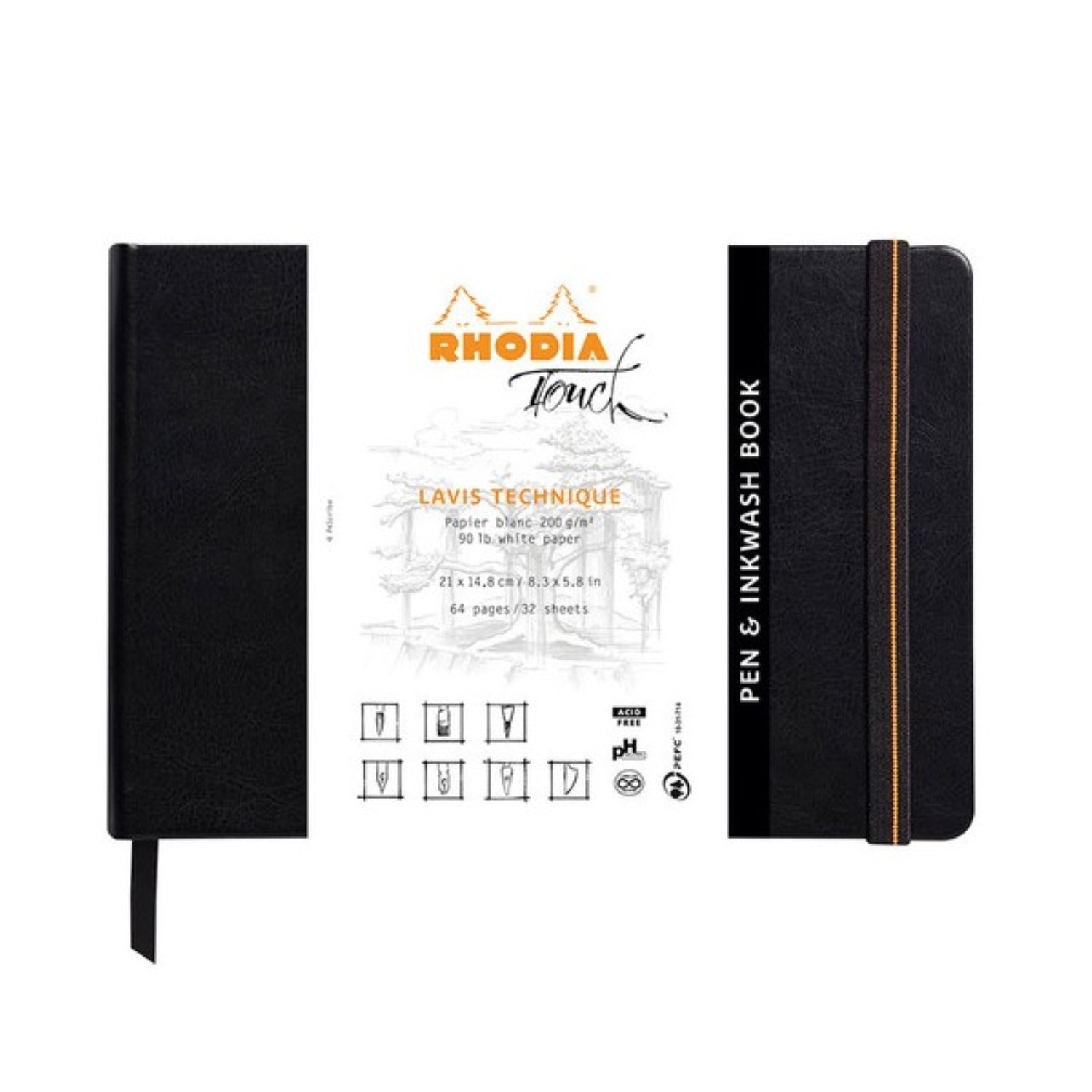 Rhodia Touch Collection Pen & Inkwash Book A5 Landscape Plain - Black